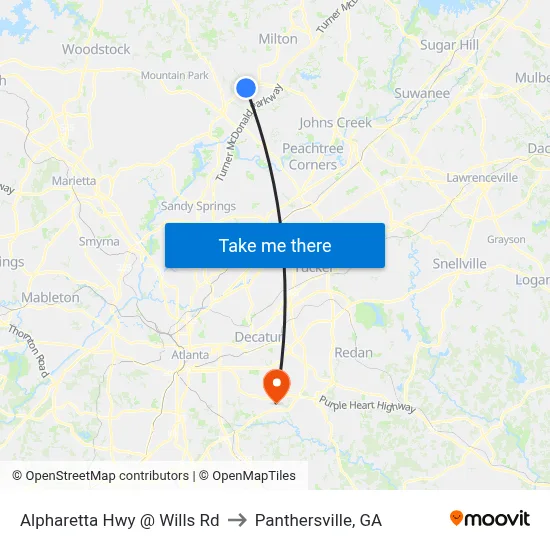 Alpharetta Hwy @ Wills Rd to Panthersville, GA map