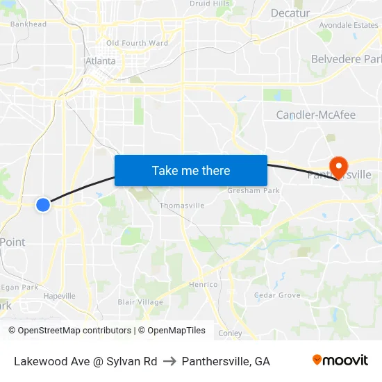 Lakewood Ave @ Sylvan Rd to Panthersville, GA map