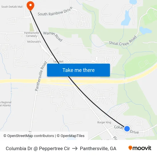 Columbia Dr @ Peppertree Cir to Panthersville, GA map