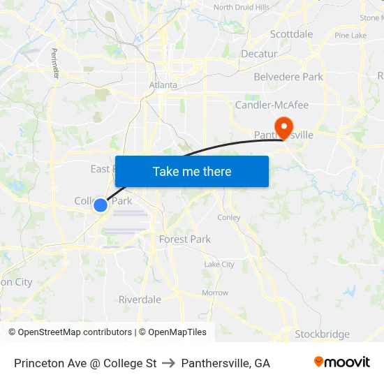Princeton Ave @ College St to Panthersville, GA map