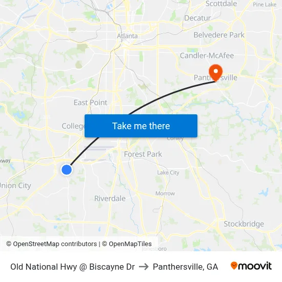 Old National Hwy @ Biscayne Dr to Panthersville, GA map