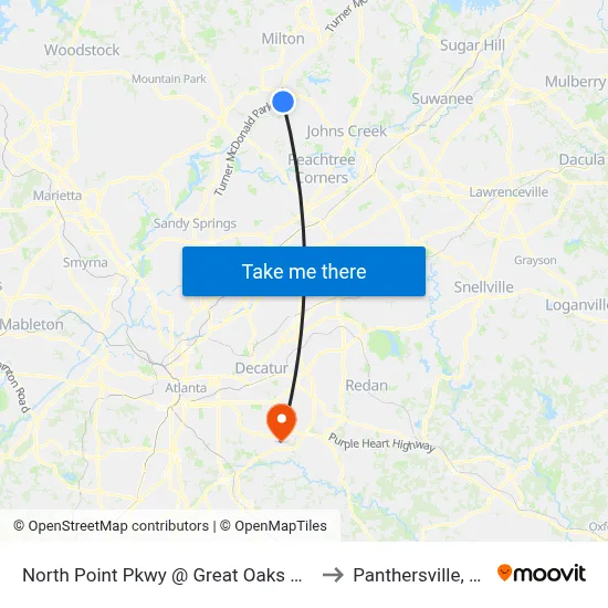 North Point Pkwy @ Great Oaks Way to Panthersville, GA map