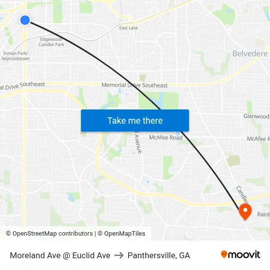 Moreland Ave @ Euclid Ave to Panthersville, GA map
