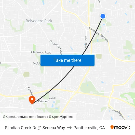 S Indian Creek Dr @ Seneca Way to Panthersville, GA map