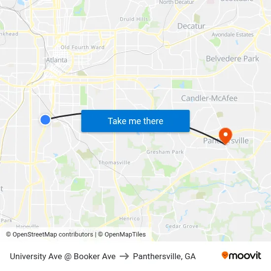 University Ave @ Booker Ave to Panthersville, GA map