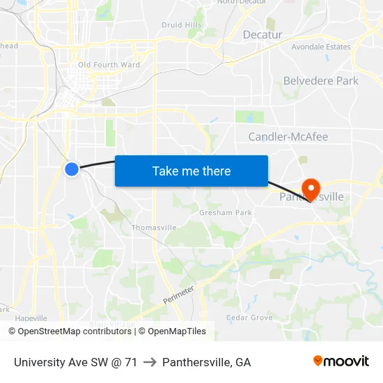 University Ave SW @ 71 to Panthersville, GA map