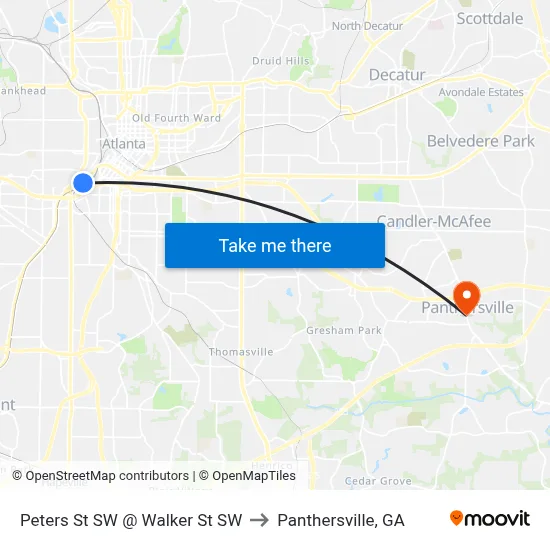 Peters St SW @ Walker St SW to Panthersville, GA map