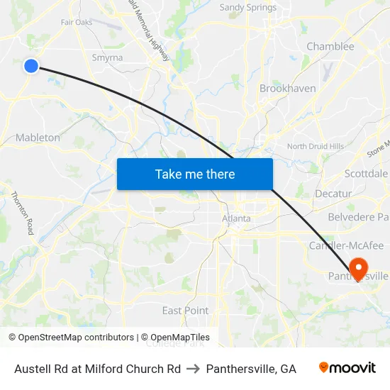 Austell Rd at Milford Church Rd to Panthersville, GA map