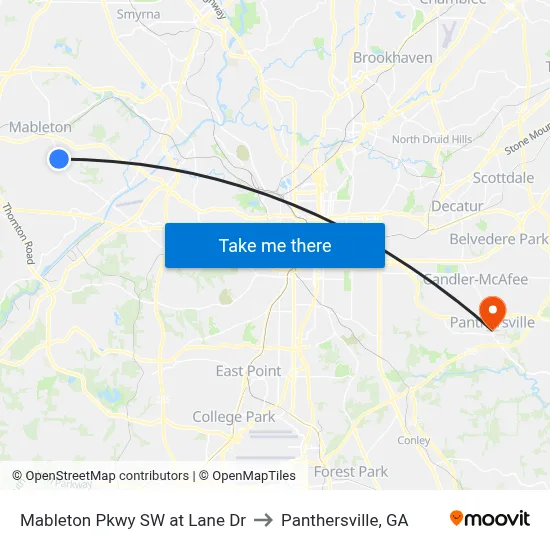 Mableton Pkwy SW at Lane Dr to Panthersville, GA map