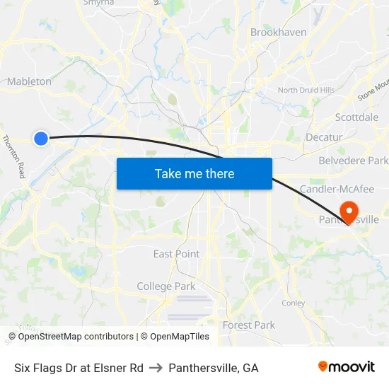 Six Flags Dr at Elsner Rd to Panthersville, GA map