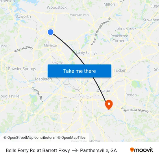 Bells Ferry Rd at Barrett Pkwy to Panthersville, GA map