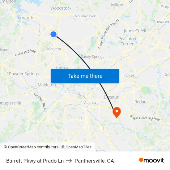 Barrett Pkwy at Prado Ln to Panthersville, GA map