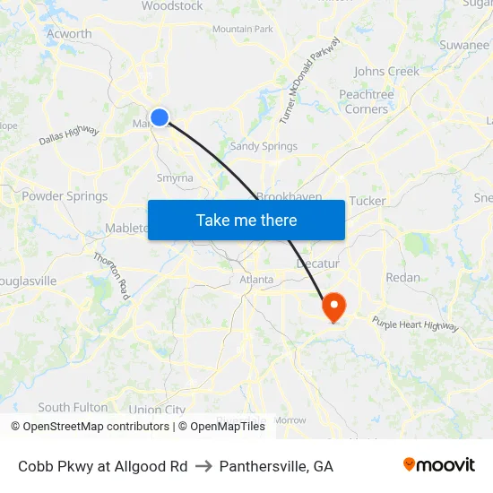 Cobb Pkwy at Allgood Rd to Panthersville, GA map