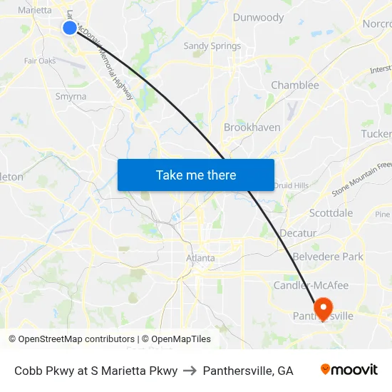 Cobb Pkwy at S Marietta Pkwy to Panthersville, GA map