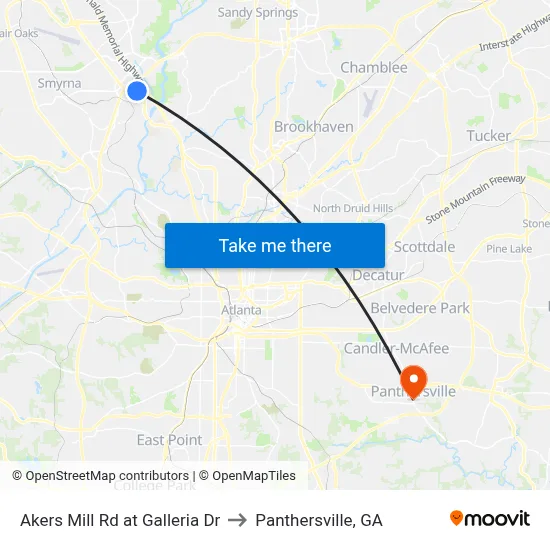 Akers Mill Rd at Galleria Dr to Panthersville, GA map