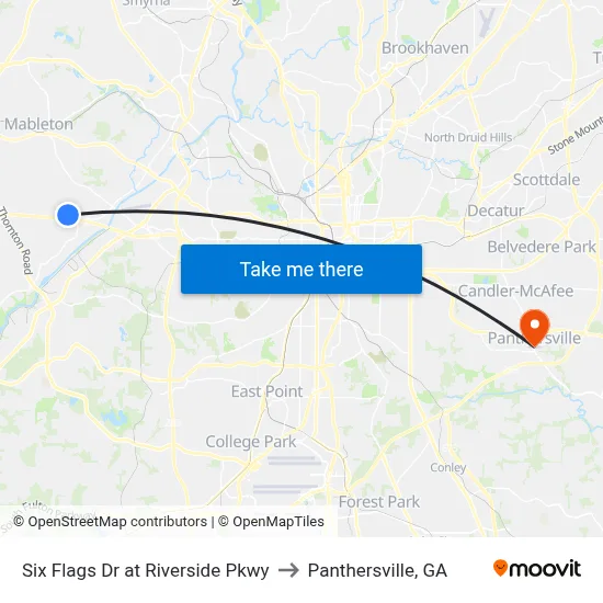 Six Flags Dr at Riverside Pkwy to Panthersville, GA map