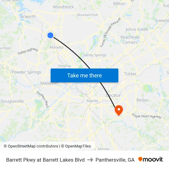 Barrett Pkwy at Barrett Lakes Blvd to Panthersville, GA map