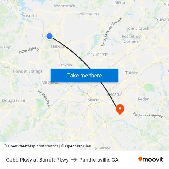 Cobb Pkwy at Barrett Pkwy to Panthersville, GA map