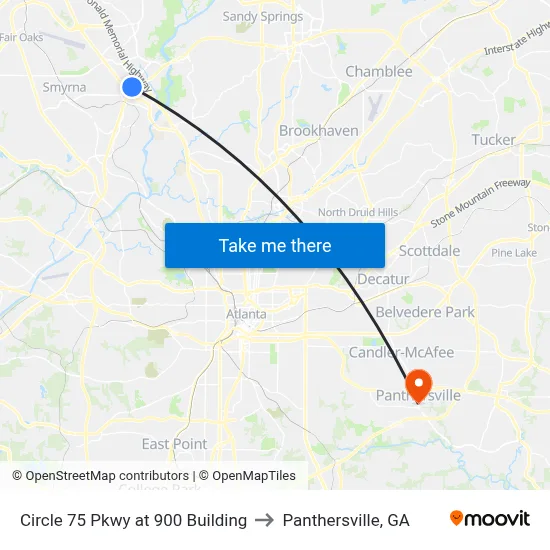 Circle 75 Pkwy at 900 Building to Panthersville, GA map