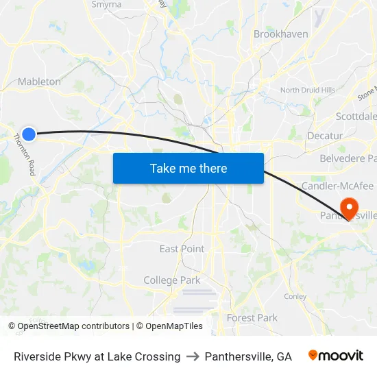 Riverside Pkwy at Lake Crossing to Panthersville, GA map