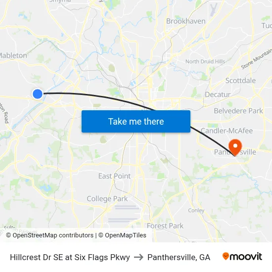 Hillcrest Dr SE at Six Flags Pkwy to Panthersville, GA map