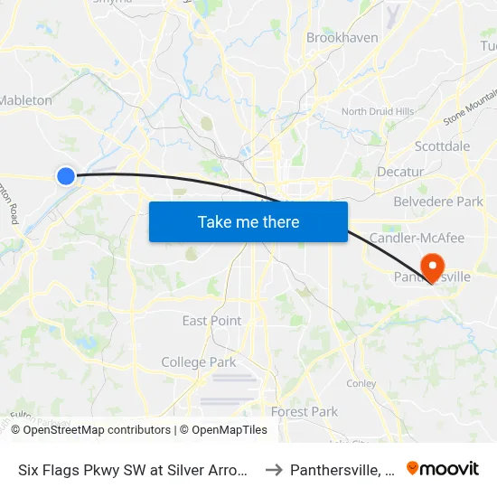 Six Flags Pkwy SW at Silver Arrow Cir to Panthersville, GA map