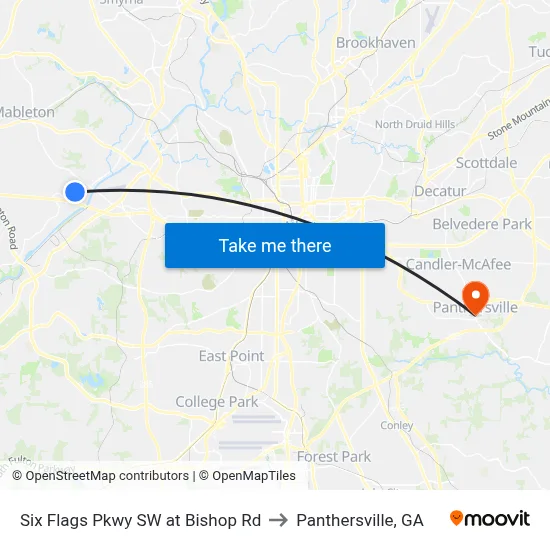 Six Flags Pkwy SW at Bishop Rd to Panthersville, GA map