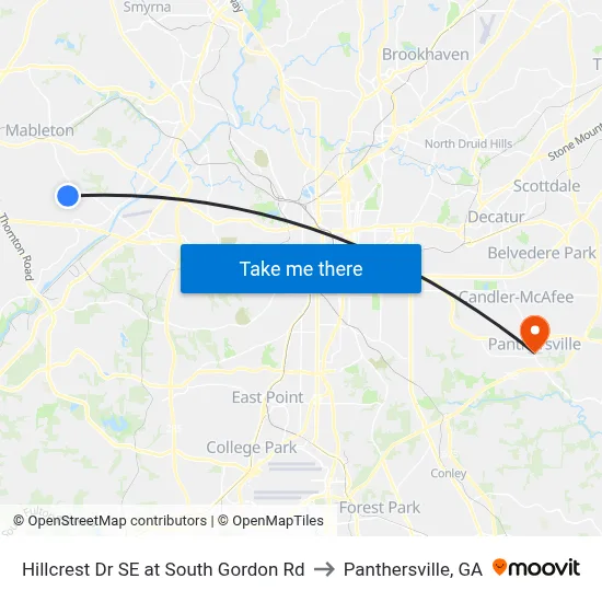 Hillcrest Dr SE at South Gordon Rd to Panthersville, GA map