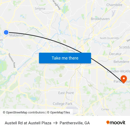 Austell Rd at Austell Plaza to Panthersville, GA map