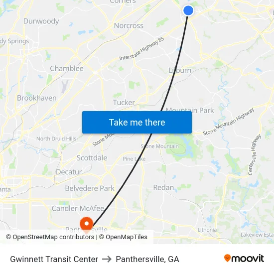 Gwinnett Transit Center to Panthersville, GA map