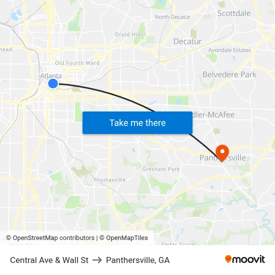 Central Ave & Wall St to Panthersville, GA map