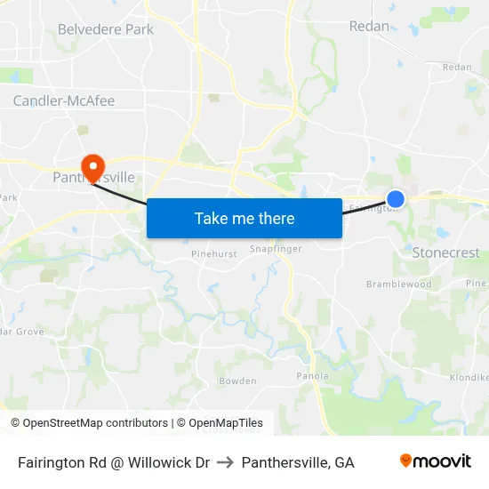 Fairington Rd @ Willowick Dr to Panthersville, GA map