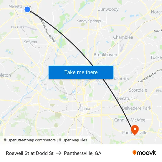 Roswell St at Dodd St to Panthersville, GA map