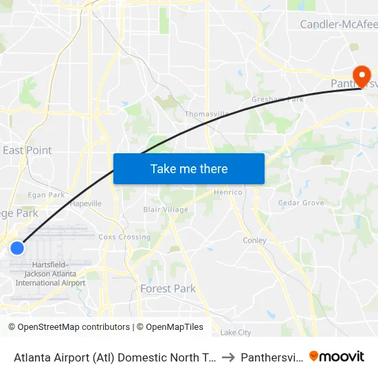 Atlanta Airport (Atl) Domestic North Terminal Dropoffs to Panthersville, GA map
