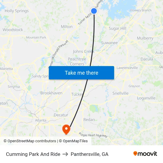 Cumming Park And Ride to Panthersville, GA map