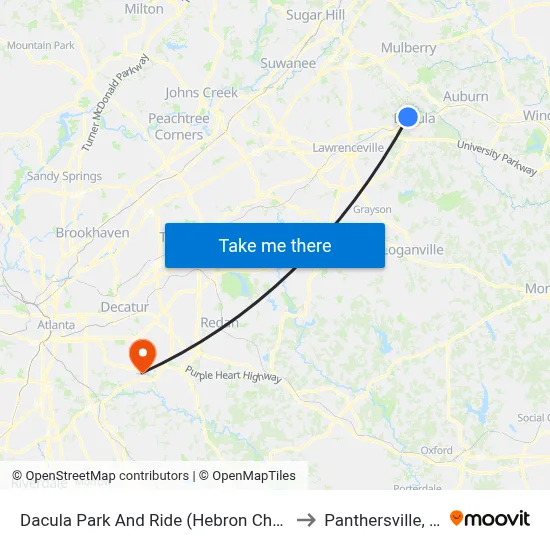 Dacula Park And Ride (Hebron Church) to Panthersville, GA map