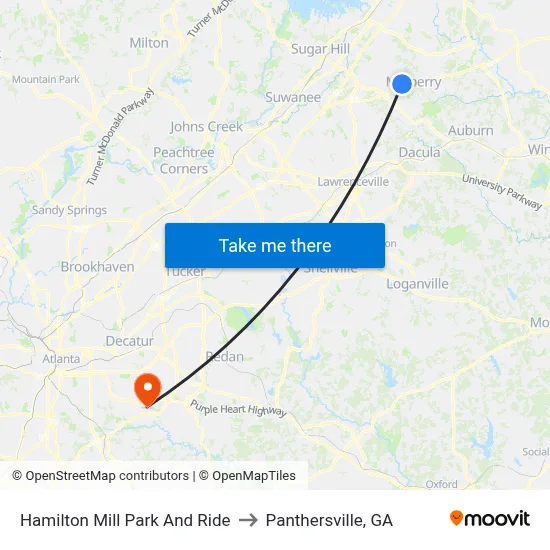 Hamilton Mill Park And Ride to Panthersville, GA map