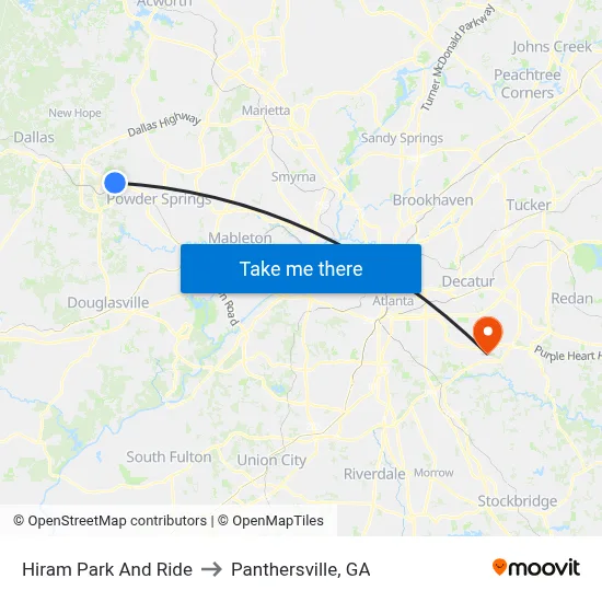 Hiram Park And Ride to Panthersville, GA map