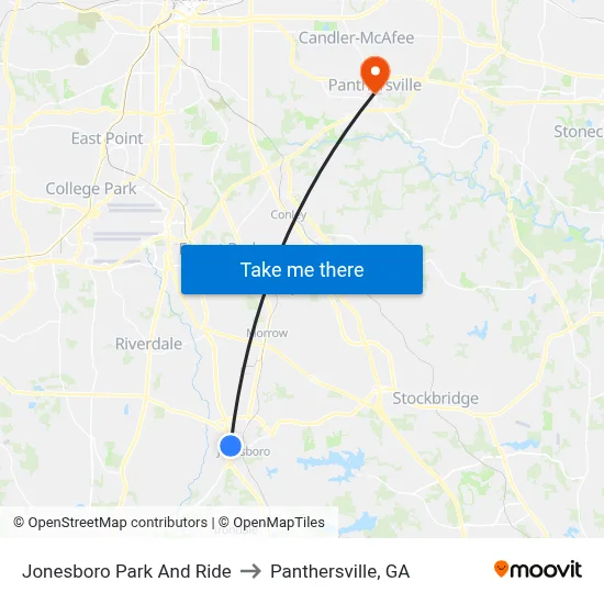 Jonesboro Park And Ride to Panthersville, GA map