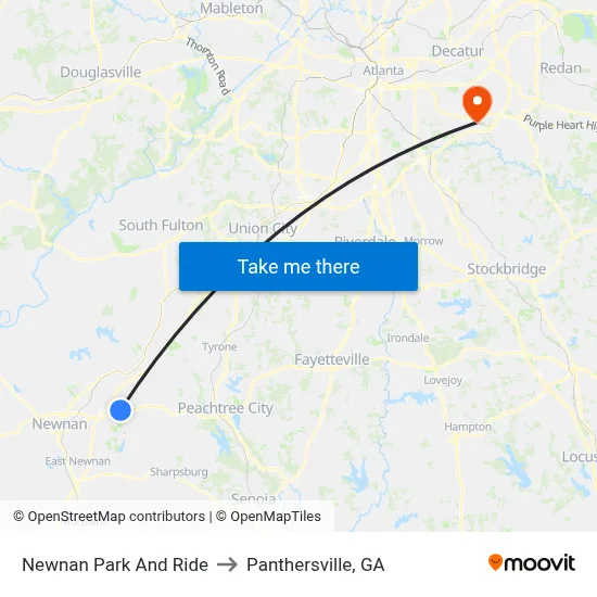 Newnan Park And Ride to Panthersville, GA map