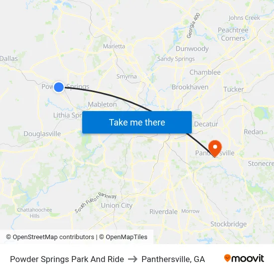 Powder Springs Park And Ride to Panthersville, GA map