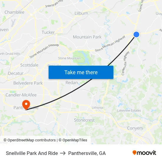 Snellville Park And Ride to Panthersville, GA map