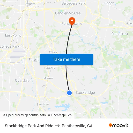 Stockbridge Park And Ride to Panthersville, GA map