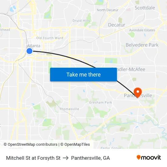 Mitchell St at Forsyth St to Panthersville, GA map