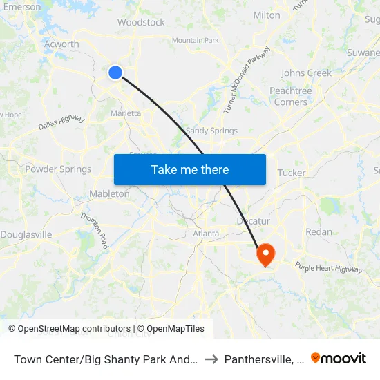Town Center/Big Shanty Park And Ride to Panthersville, GA map