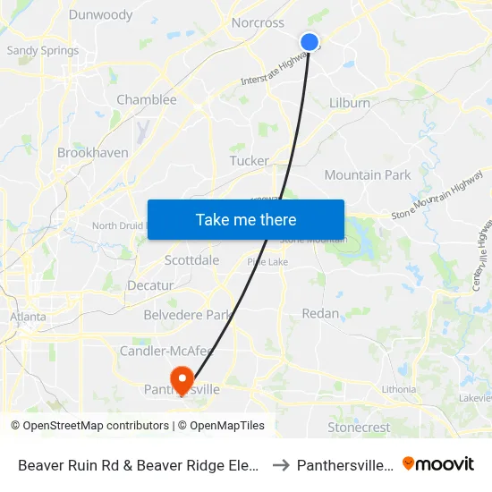 Beaver Ruin Rd & Beaver Ridge Elementary to Panthersville, GA map