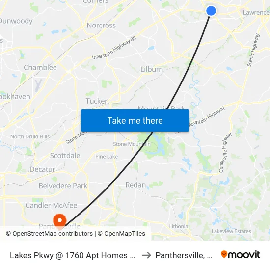Lakes Pkwy @ 1760 Apt Homes Ob to Panthersville, GA map