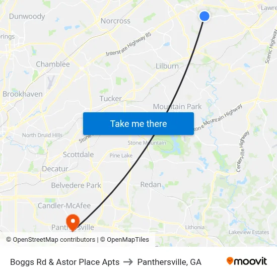 Boggs Rd & Astor Place Apts to Panthersville, GA map