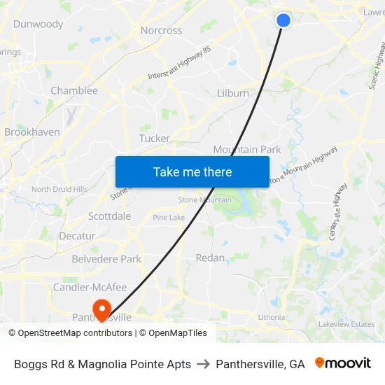 Boggs Rd & Magnolia Pointe Apts to Panthersville, GA map