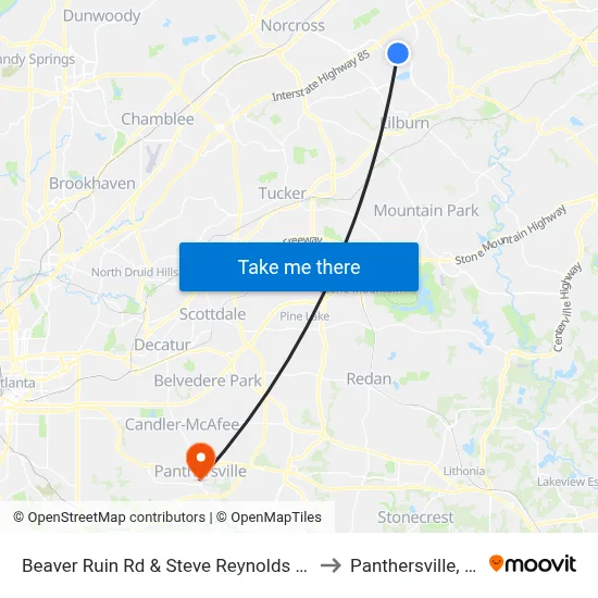 Beaver Ruin Rd & Steve Reynolds Blvd to Panthersville, GA map